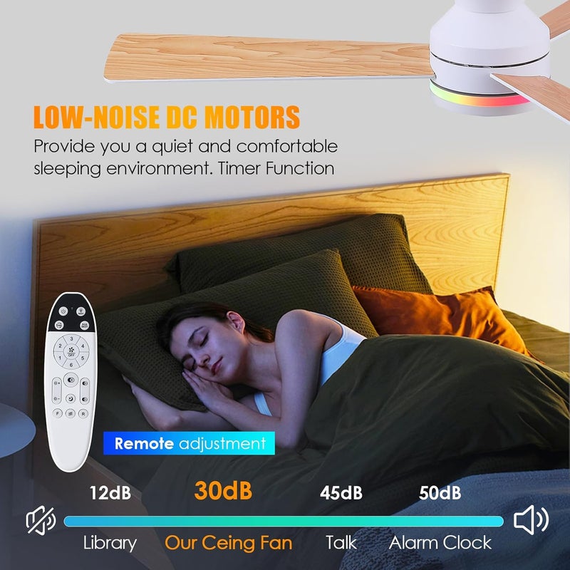 Asyko Ceiling Fans with Lights, 46 Inch Low Profile Ceiling Fan with Light and Remote Control,Reversible, RGB，Dimmable, Quiet, White Ceiling Fan for Bedroom Indoor/Outdoor Use - Image 3